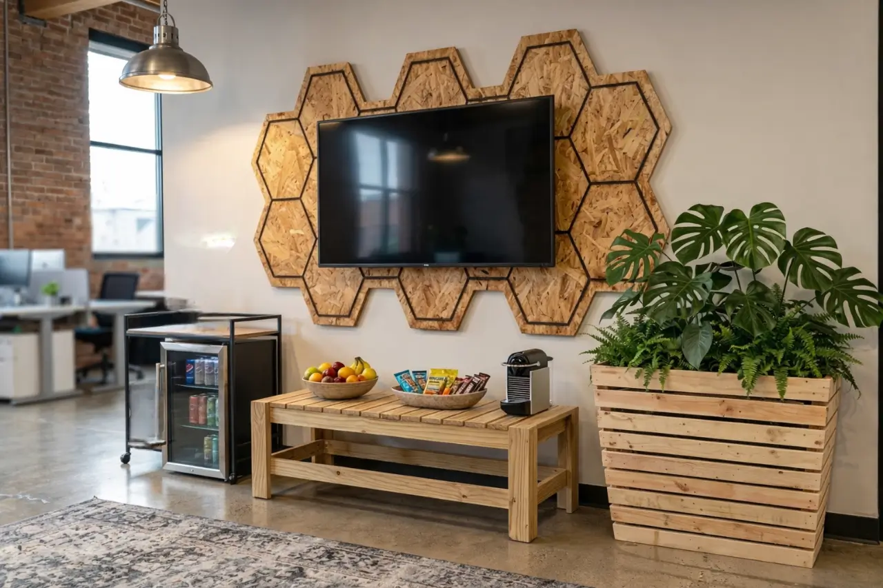 Canto de café em escritório com painel de pallet hexagonal na parede, banco de madeira e floreira de pallet