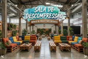 Sala de descompressão corporativa ampla com móveis de pallet, incluindo sofás com almofadas coloridas, mesas de centro e decoração com plantas em ambiente industrial moderno. Exemplo de locação de móveis de pallet para sala de descompressão criando um espaço confortável e sustentável para empresas.