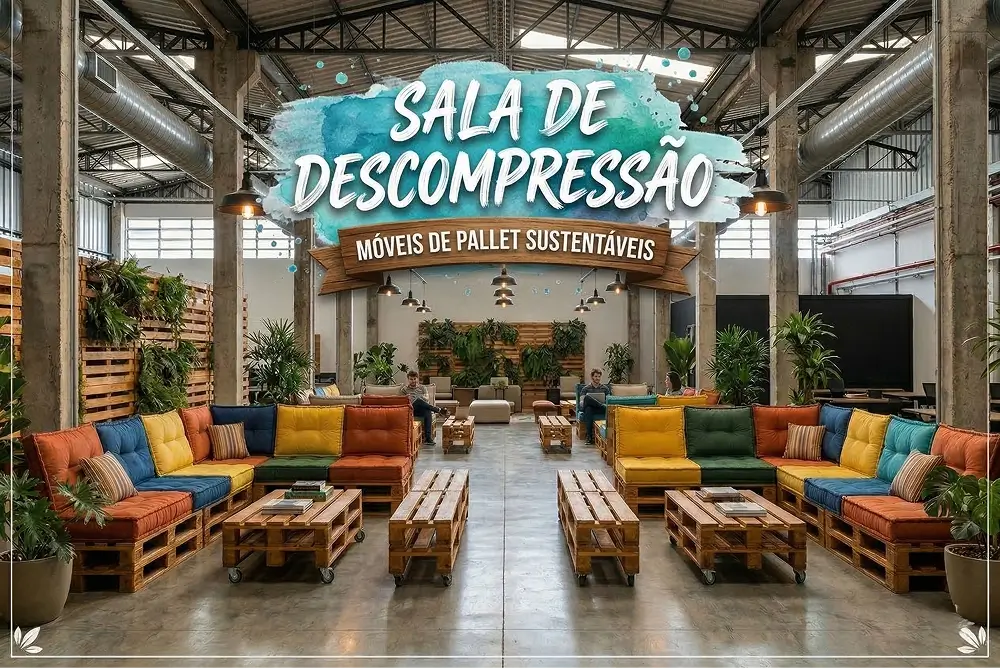 Sala de descompressão corporativa ampla com móveis de pallet, incluindo sofás com almofadas coloridas, mesas de centro e decoração com plantas em ambiente industrial moderno. Exemplo de locação de móveis de pallet para sala de descompressão criando um espaço confortável e sustentável para empresas.
