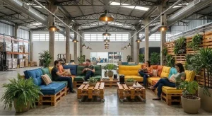 Sala de descompressão corporativa em galpão industrial com sofás de pallet coloridos, mesas de centro com rodízios e plantas decorativas distribuídas no ambiente. Colaboradores utilizam o espaço para descanso, ilustrando a locação de móveis de pallet para sala de descompressão em empresas.