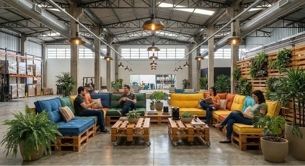 Sala de descompressão corporativa em galpão industrial com sofás de pallet coloridos, mesas de centro com rodízios e plantas decorativas distribuídas no ambiente. Colaboradores utilizam o espaço para descanso, ilustrando a locação de móveis de pallet para sala de descompressão em empresas.