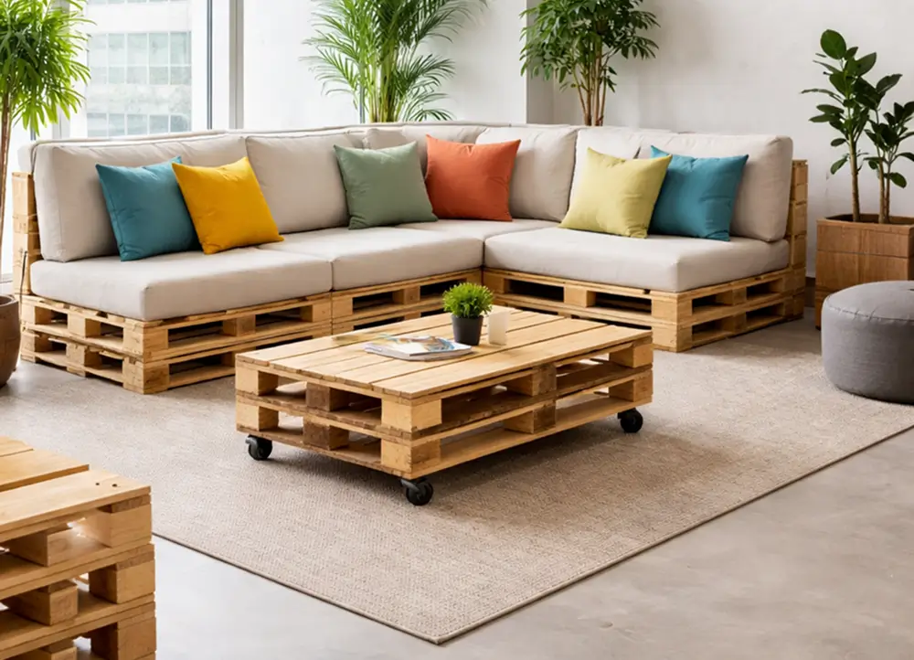 Sala de descompressão corporativa com sofá de pallet em formato de canto com almofadas coloridas e mesa de centro de pallet com rodízios sobre tapete. O ambiente com plantas e luz natural mostra uma solução prática na locação de móveis de pallet para sala de descompressão.