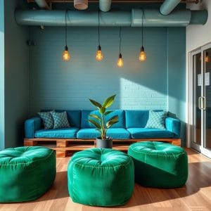 Sala de descompressão corporativa decorada com sofá de pallet azul teal e puffs de veludo verde