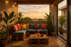 Varanda gourmet decorada com móveis de pallet — sofá, mesa de centro e iluminação festiva
