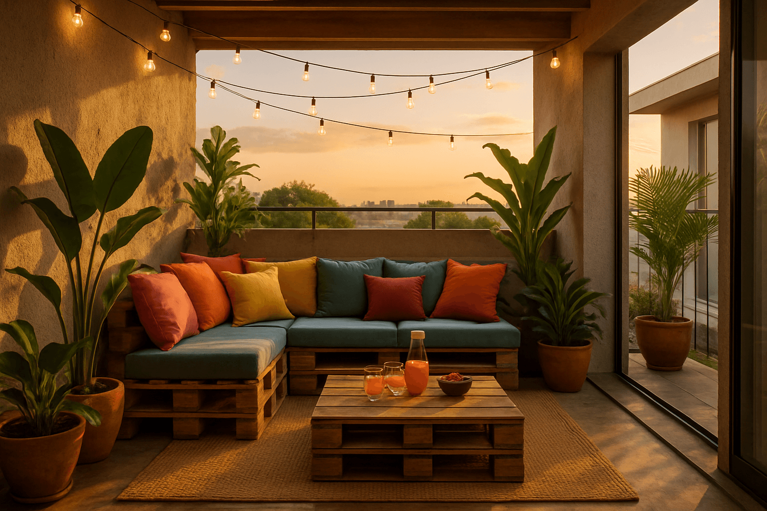 Varanda gourmet decorada com móveis de pallet — sofá, mesa de centro e iluminação festiva