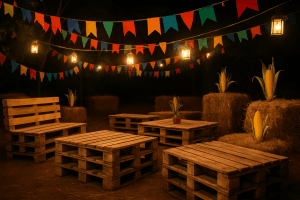 Decoração de Festa Junina com móveis de pallet — mesas, bancos e bandeirolas coloridas