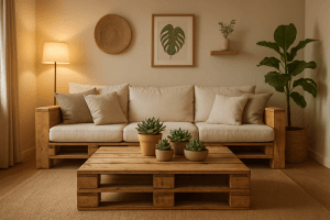 Mesa de centro de pallet em sala de estar com sofá e decoração rústica moderna