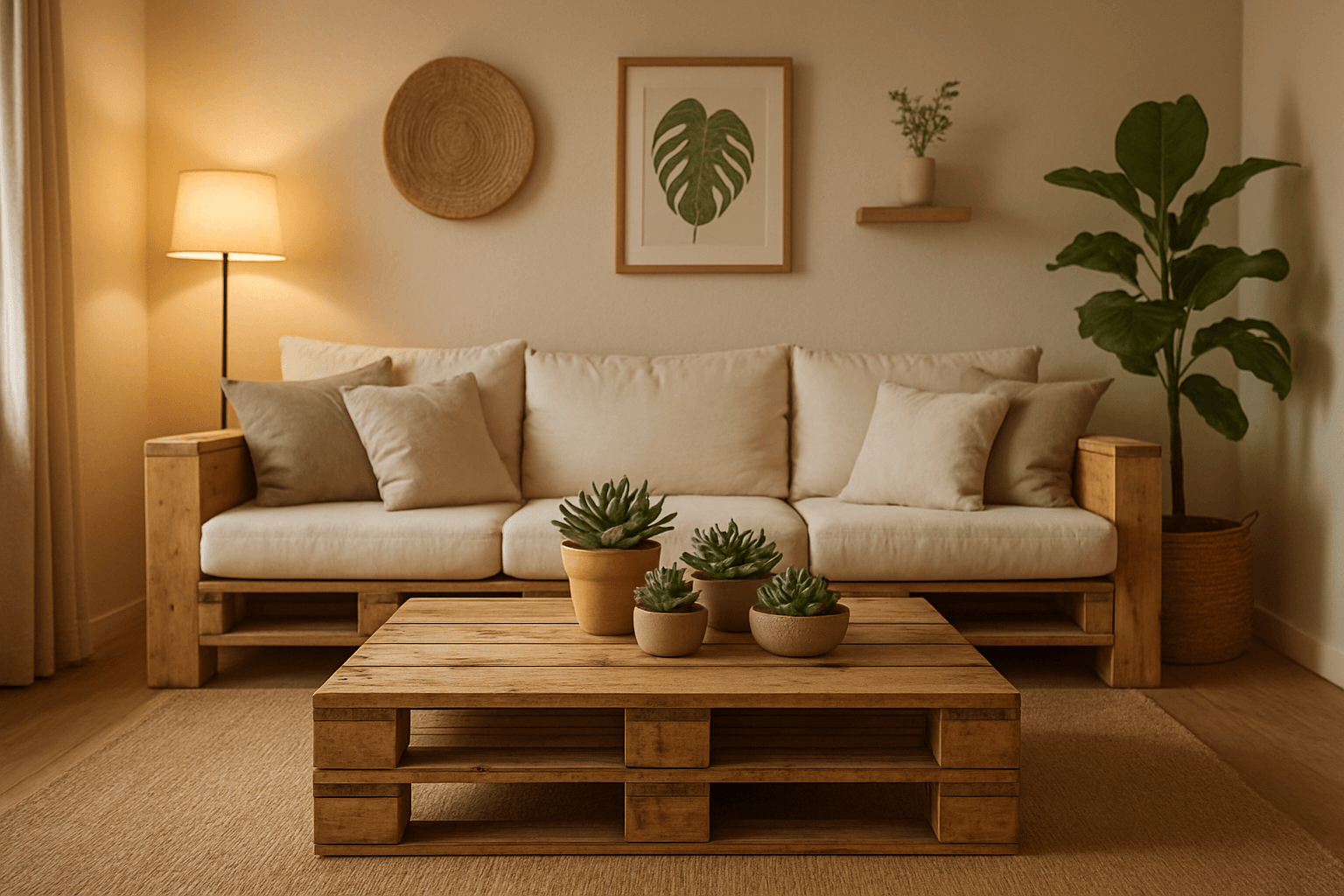 Mesa de centro de pallet em sala de estar com sofá e decoração rústica moderna