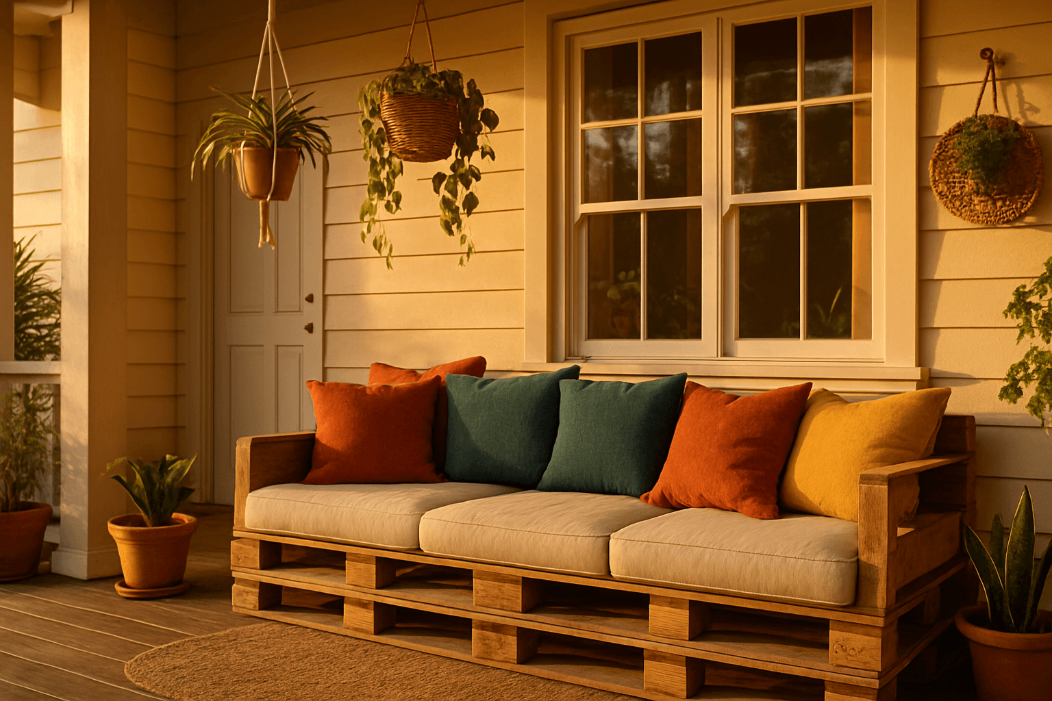 Sofá de pallet com almofadas coloridas em varanda decorada com plantas ao entardecer