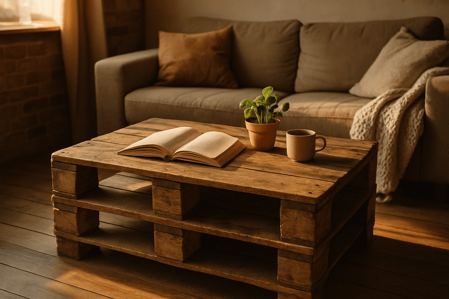 Mesa de centro de pallet em sala rústica com livro aberto, planta e xícara de café