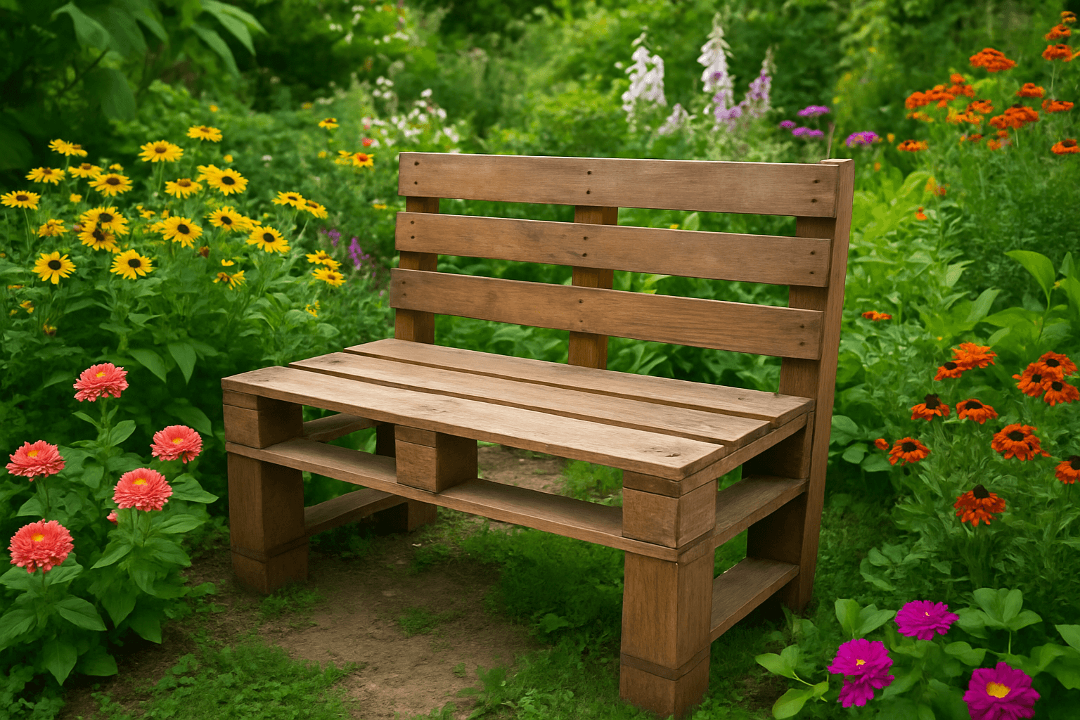 Banco de pallet em jardim externo rodeado de flores e plantas