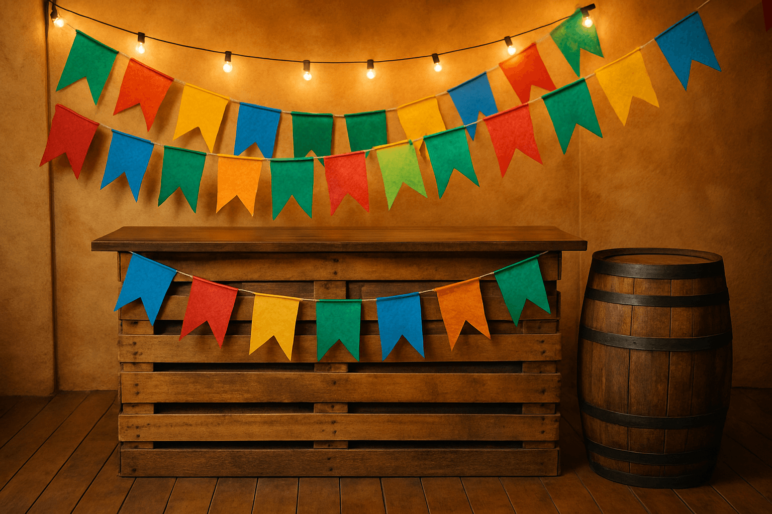 Balcão desmontável de pallet decorado com bandeirinhas juninas e barril de quentão
