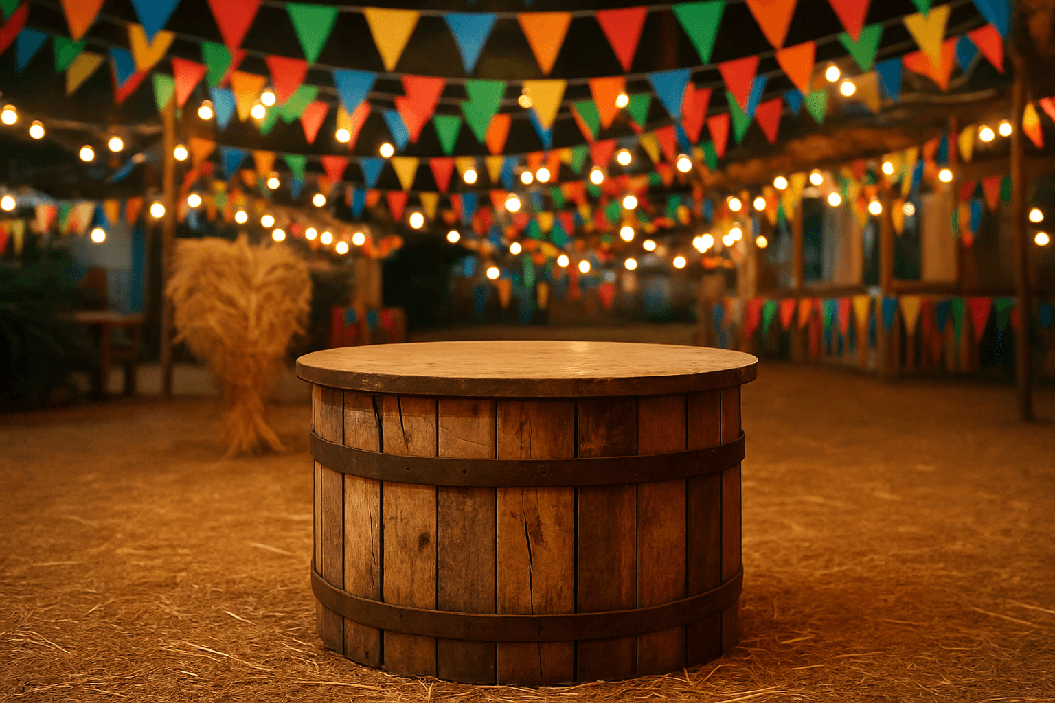 Mesa de tambor de pallet em evento ao ar livre com decoração de festa junina