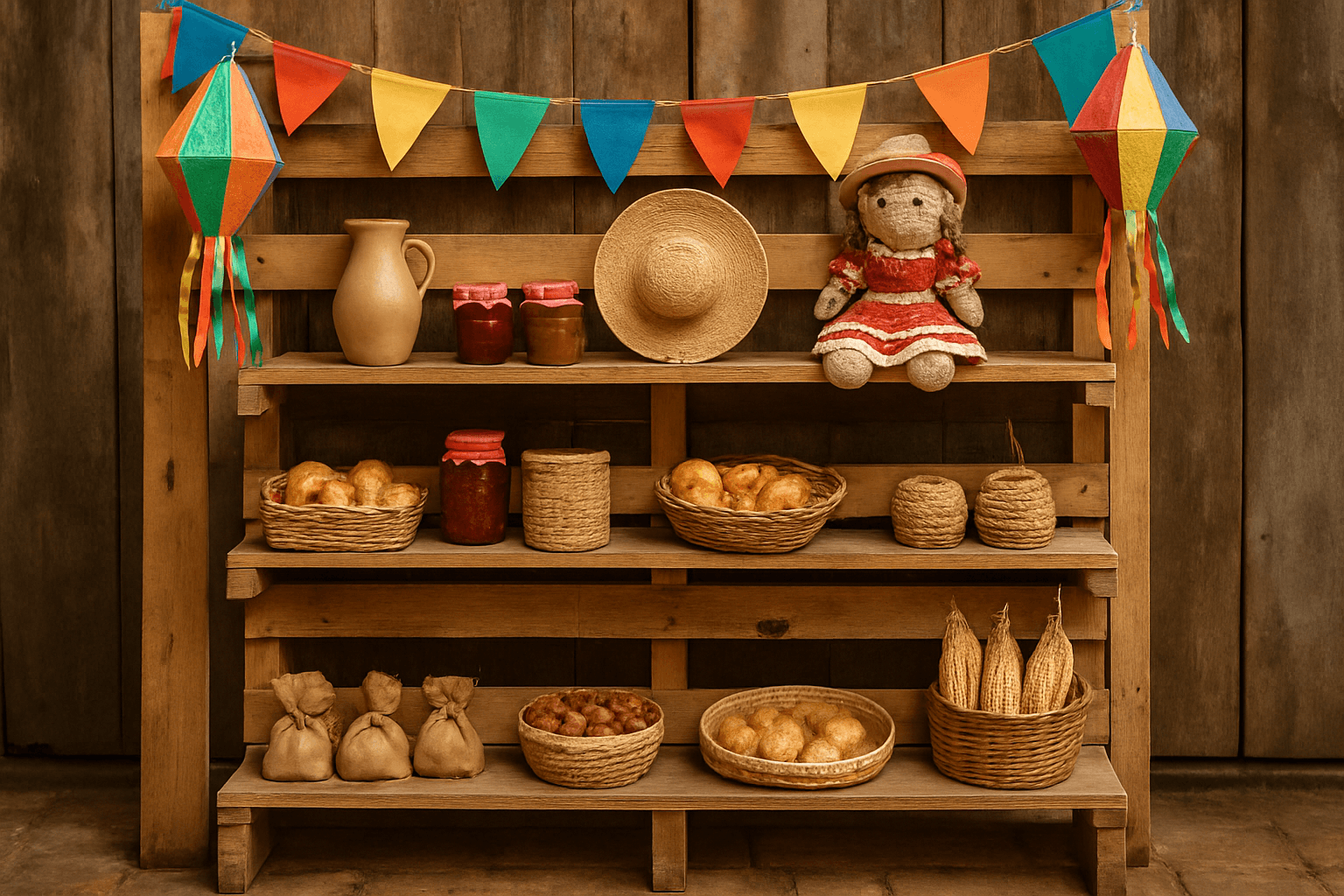 Expositor de pallet com produtos artesanais em feira junina colorida
