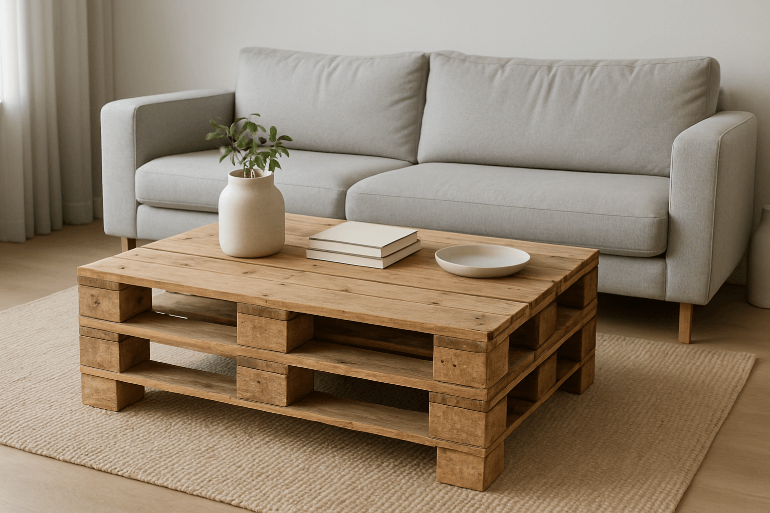 Mesa de centro de pallet em sala contemporânea com sofá cinza e tapete bege