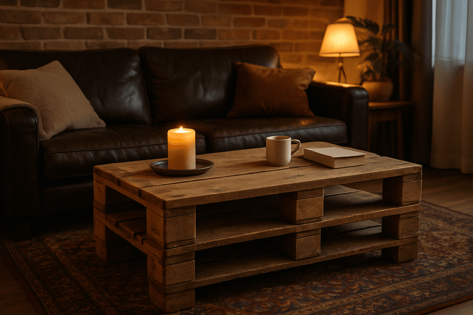 Mesa de centro de pallet em sala rústica com sofá de couro escuro e tapete persa