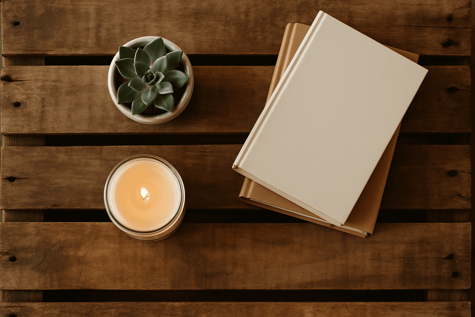 Close em mesa de centro de pallet com livros empilhados, suculenta e vela acesa