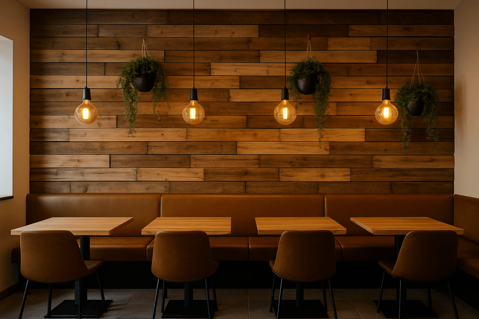 Painel de pallet em parede de restaurante com iluminação pendente e plantas
