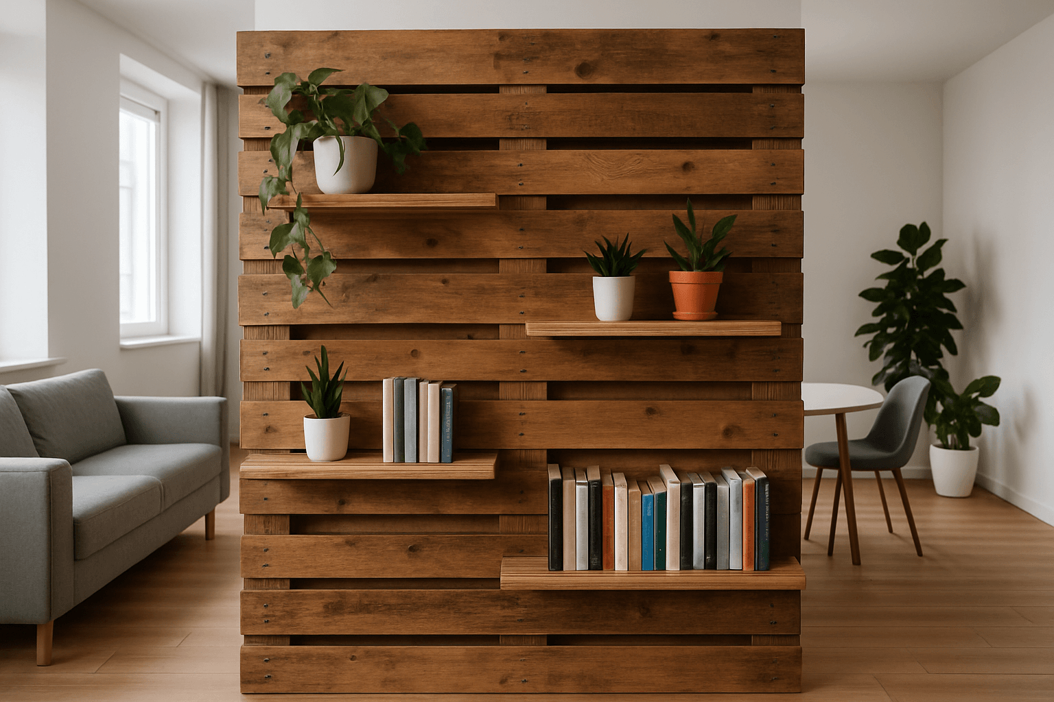 Painel de pallet com prateleiras integradas como divisória de ambiente moderno