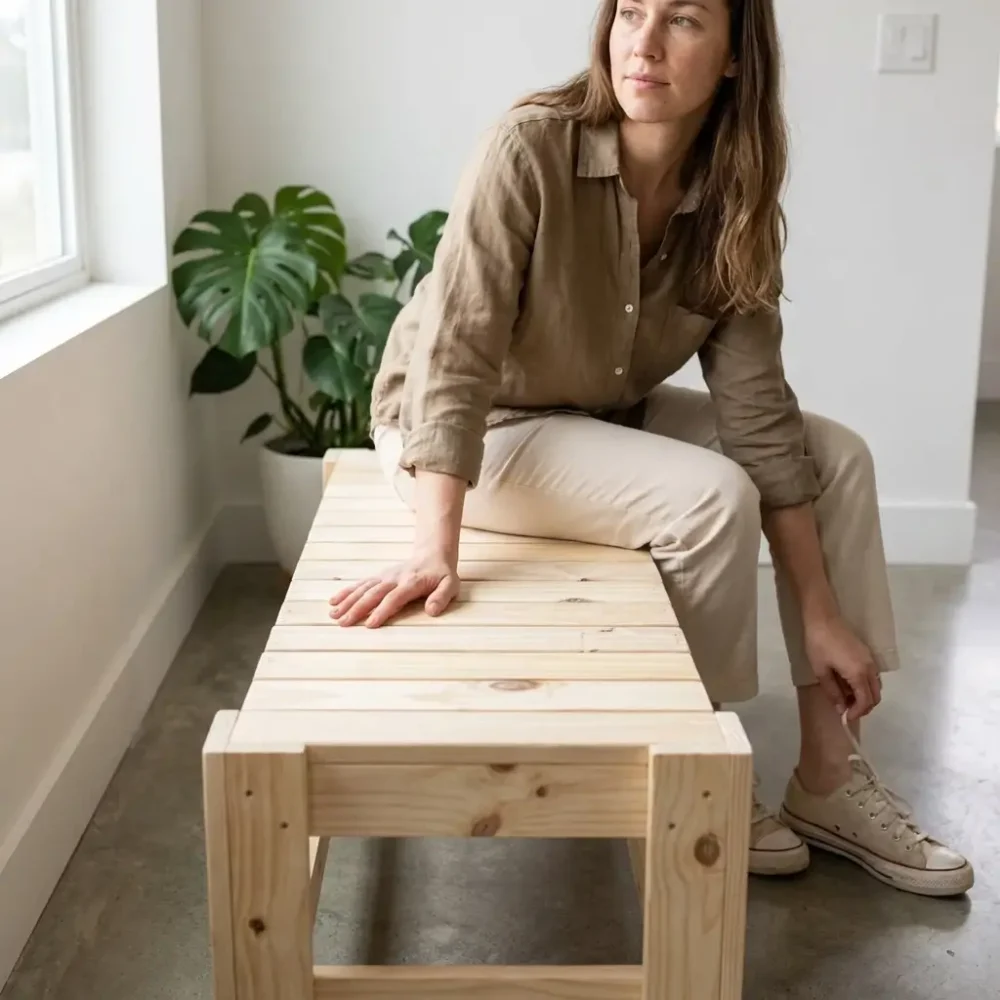 Mulher de camisa bege sentada em banco de pallet de madeira em ambiente claro e minimalista.